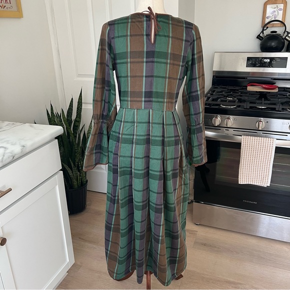 Handmade Plaid Pleated Cottagecore Modest Feminine Bell Sleeved Maxi Dress - Picture 6 of 13